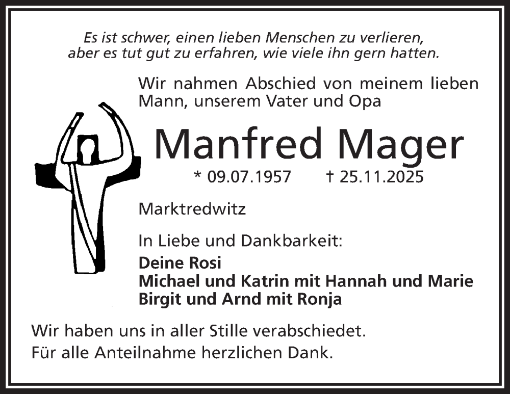  Traueranzeige für Manfred Mager vom 13.12.2025 aus Frankenpost