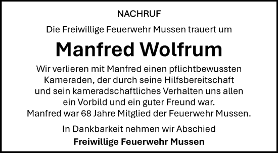 Traueranzeige von Manfred Wolfrum von Frankenpost