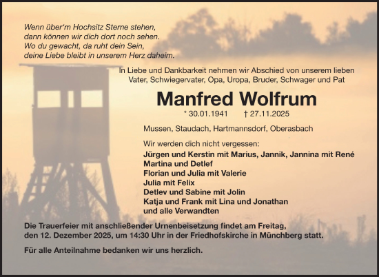 Traueranzeige von Manfred Wolfrum von Frankenpost