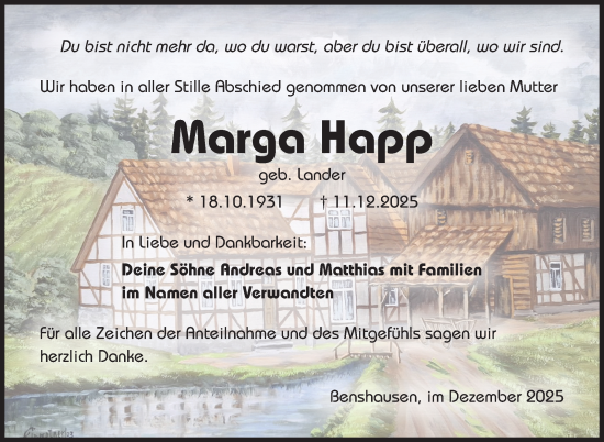 Traueranzeige von Marga Happ von Südthüringer Presse