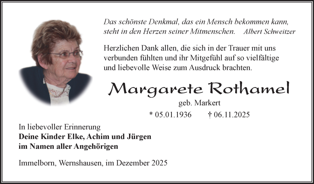 Traueranzeige für Margarete Rothamel vom 27.12.2025 aus Südthüringer Presse