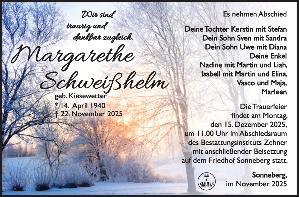  Traueranzeige für Margarethe Schweißhelm vom 06.12.2025 aus Südthüringer Presse