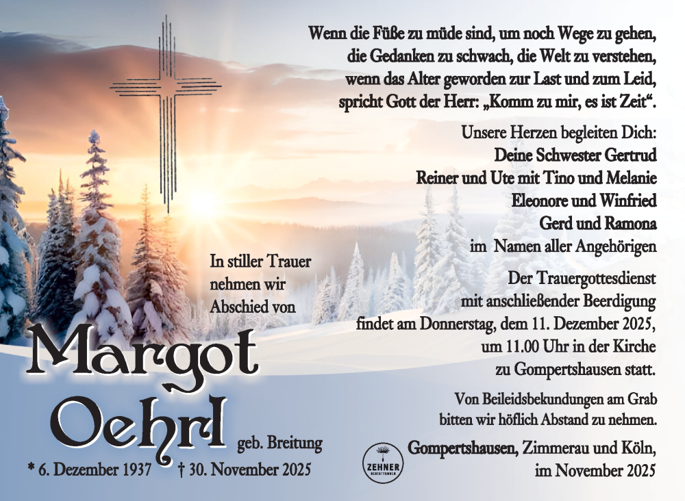  Traueranzeige für Margot Oehrl vom 06.12.2025 aus Südthüringer Presse