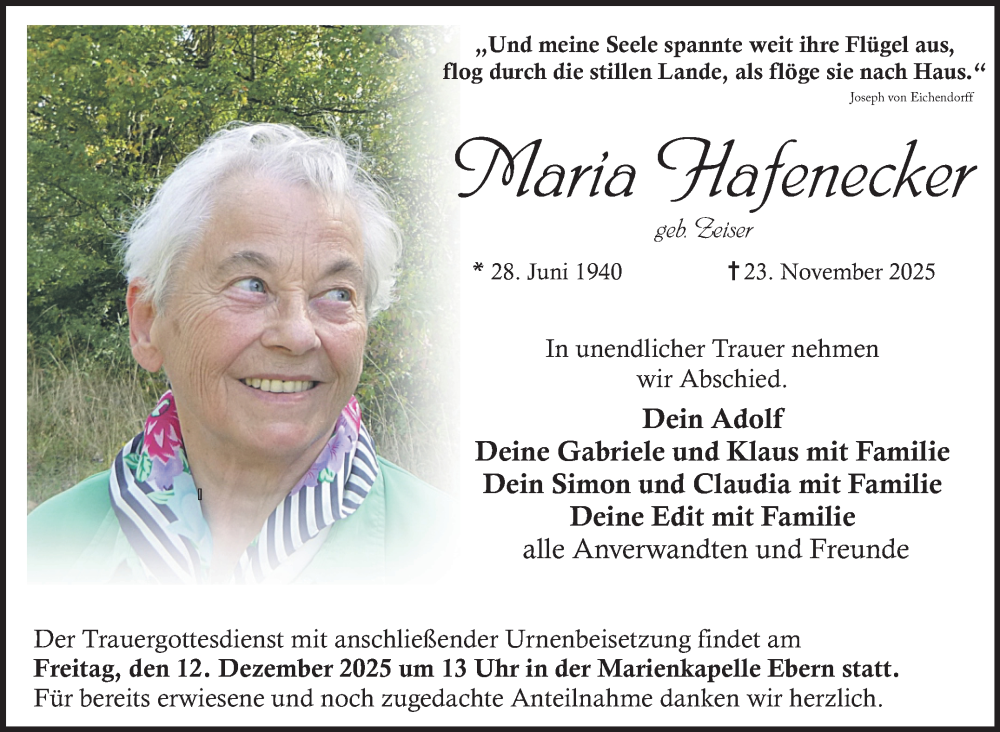  Traueranzeige für Maria Hafenecker vom 10.12.2025 aus Neue Presse Coburg