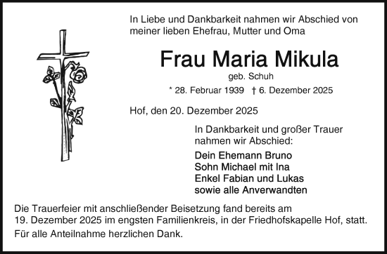 Traueranzeige von Maria Mikula von Frankenpost