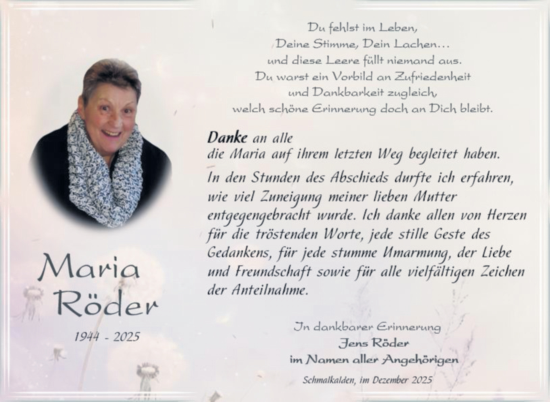 Traueranzeige von Maria Röder von Südthüringer Presse