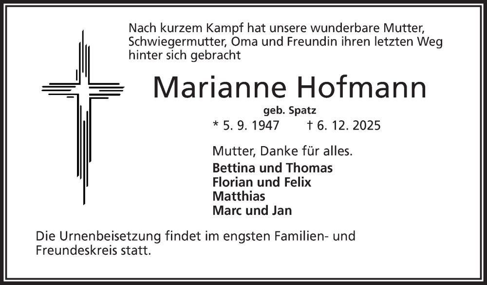  Traueranzeige für Marianne Hofmann vom 20.12.2025 aus Frankenpost