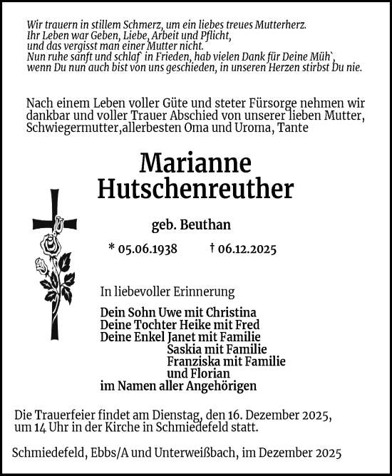 Traueranzeige von Marianne Hutschenreuther von Südthüringer Presse