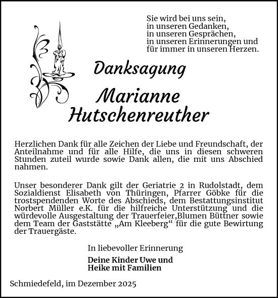 Traueranzeige von Marianne Hutschenreuther von Südthüringer Presse