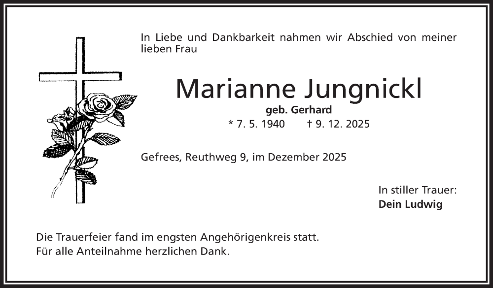  Traueranzeige für Marianne Jungnickl vom 27.12.2025 aus Frankenpost