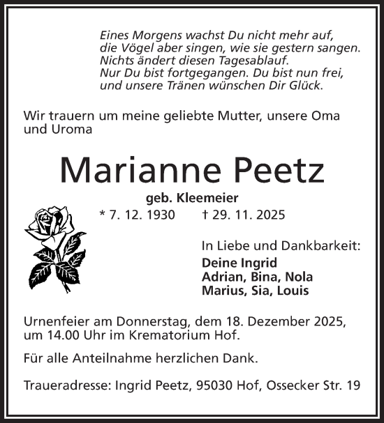 Traueranzeige von Marianne Peetz von Frankenpost