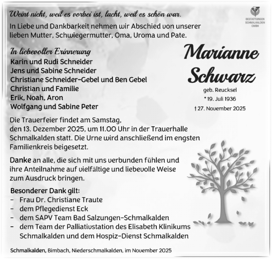 Traueranzeige von Marianne Schwarz von Südthüringer Presse