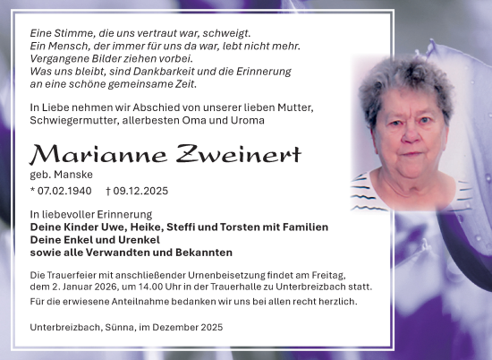 Traueranzeige von Marianne Zweinert von Südthüringer Presse
