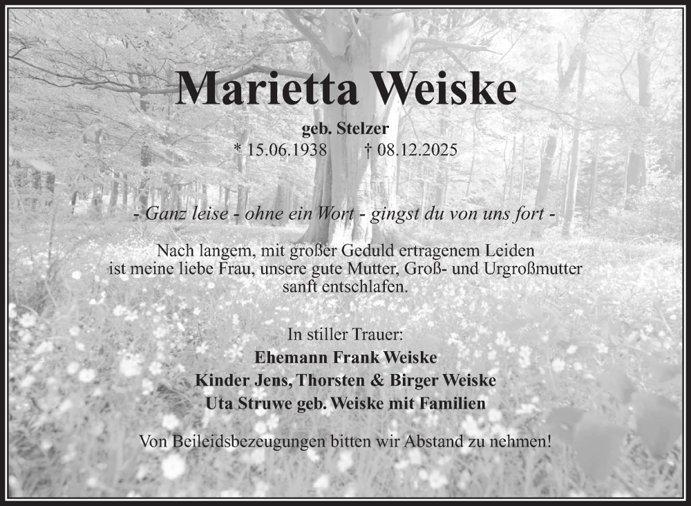  Traueranzeige für Marietta Weiske vom 20.12.2025 aus Südthüringer Presse