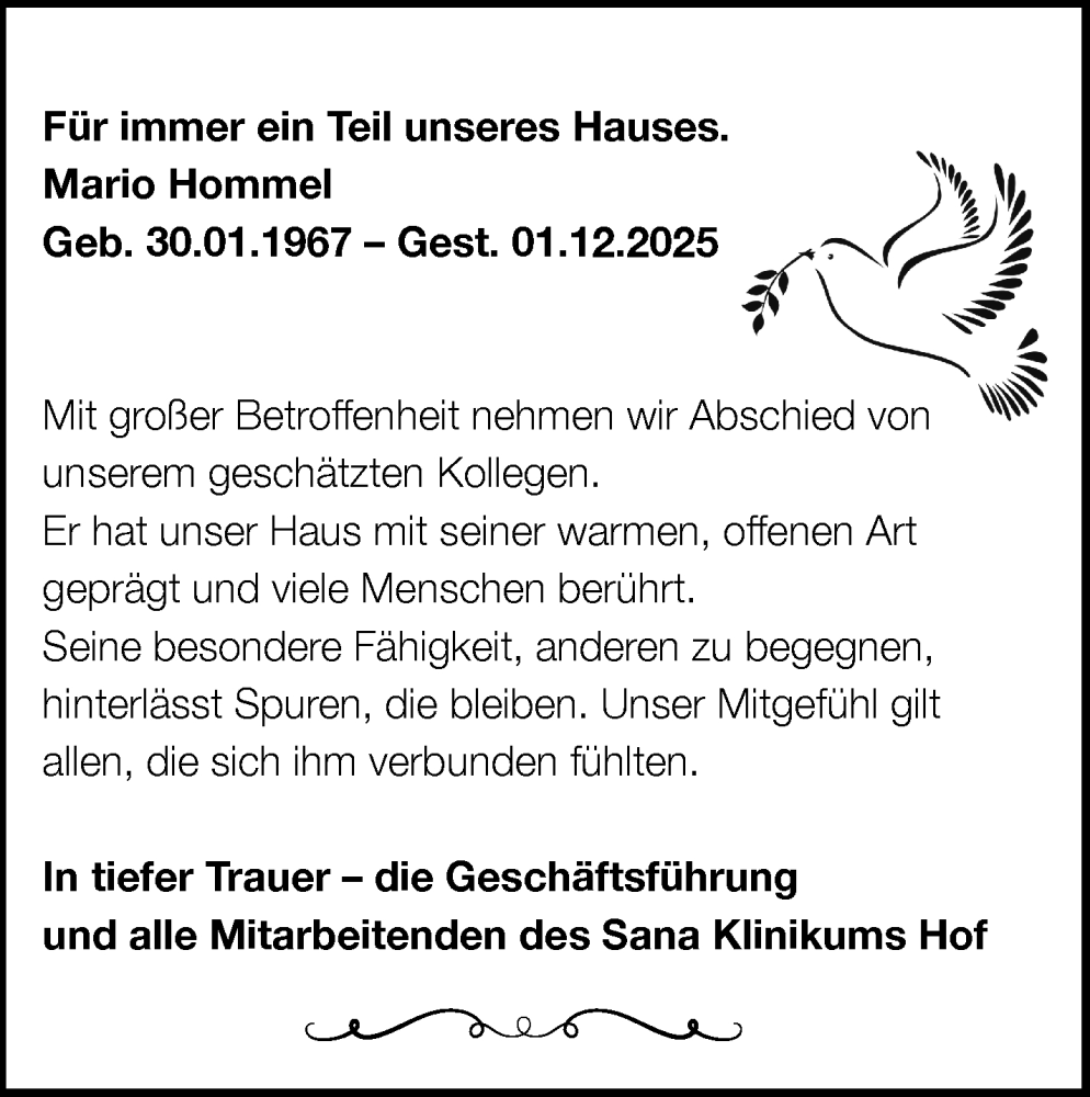  Traueranzeige für Mario Hommel vom 20.12.2025 aus Frankenpost