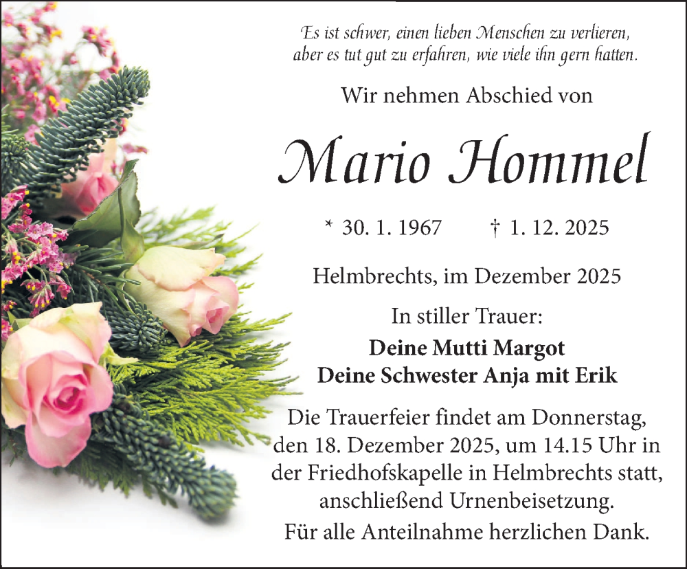  Traueranzeige für Mario Hommel vom 13.12.2025 aus Frankenpost