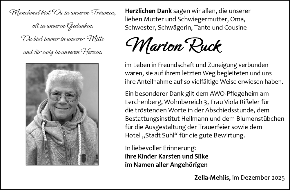  Traueranzeige für Marion Ruck vom 13.12.2025 aus Südthüringer Presse