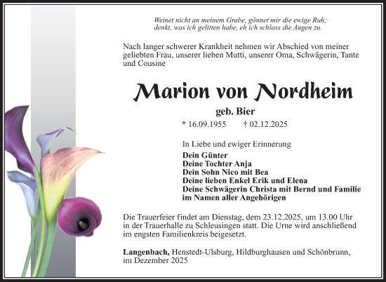 Traueranzeige von Marion von Nordheim von Südthüringer Presse