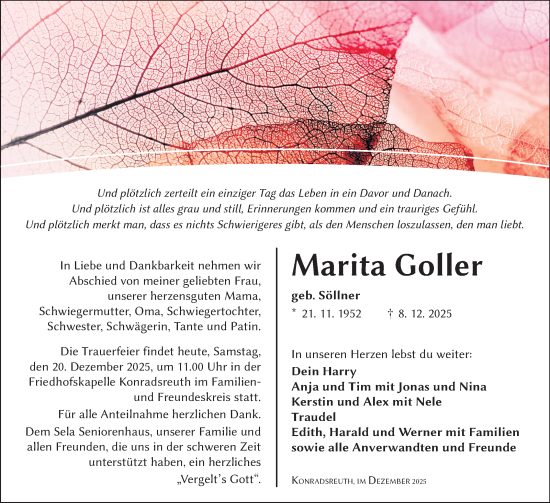 Traueranzeige von Marita Goller von Frankenpost