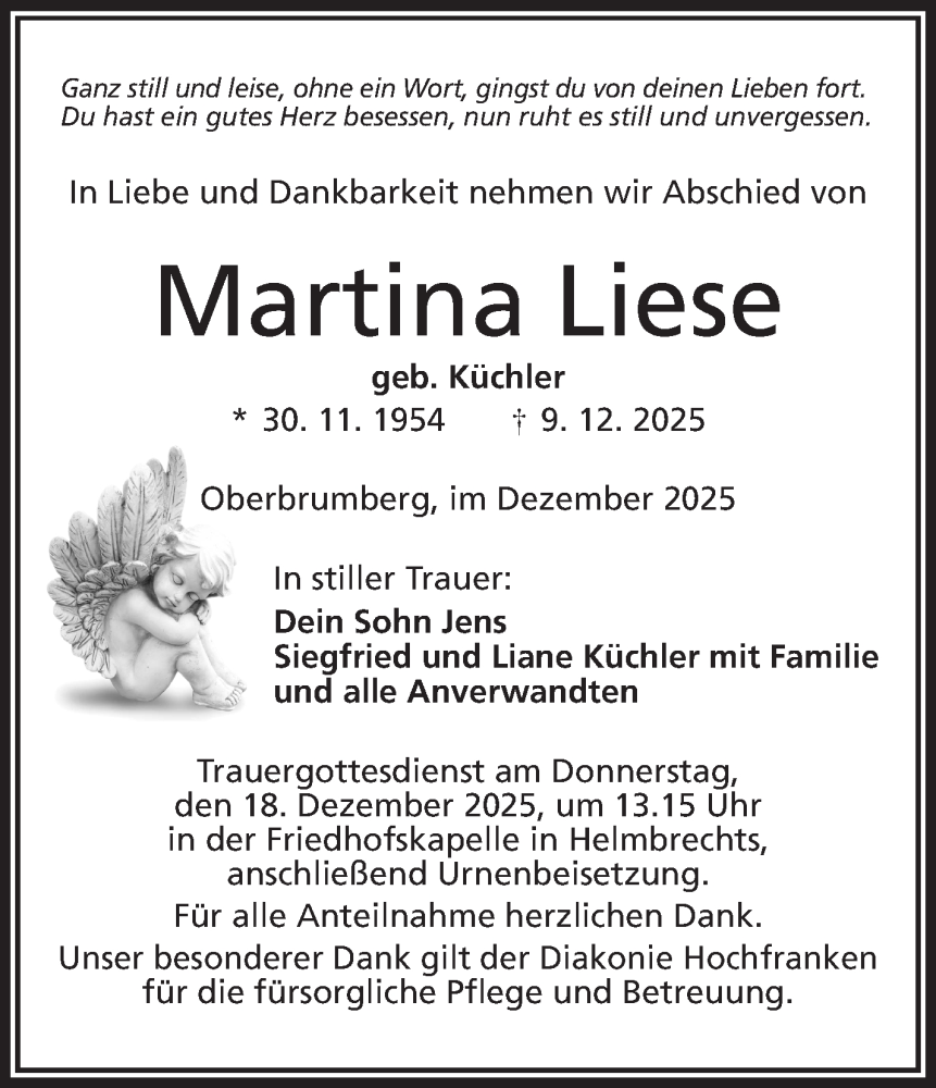  Traueranzeige für Martina Liese vom 13.12.2025 aus Frankenpost