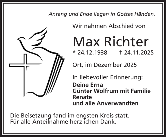 Traueranzeige von Max Richter von Frankenpost