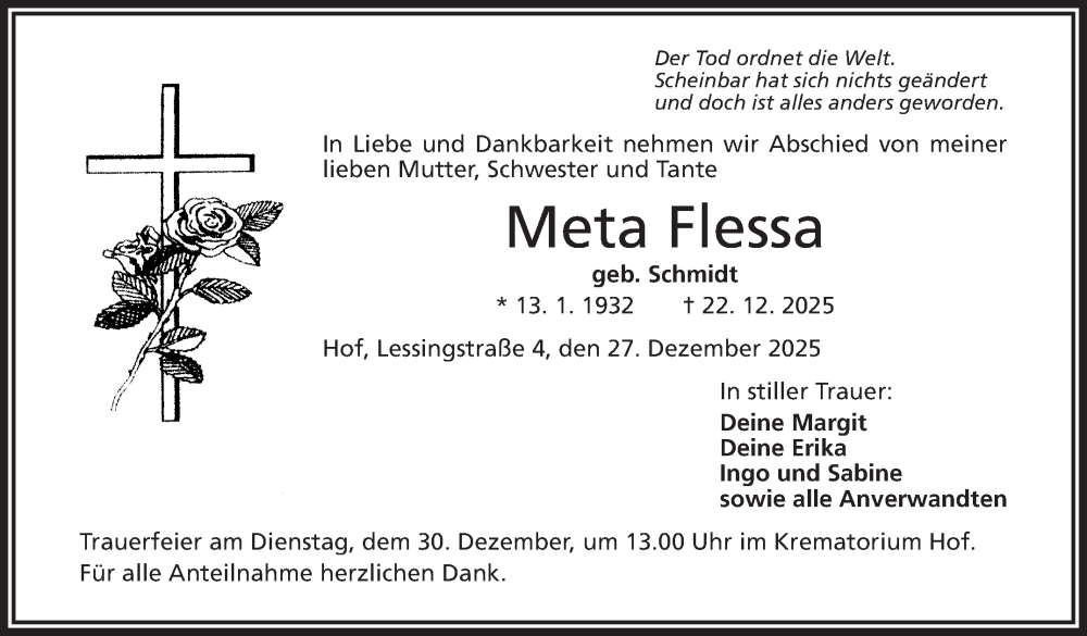  Traueranzeige für Meta Flessa vom 27.12.2025 aus Frankenpost