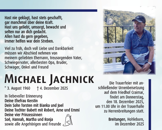 Traueranzeige von Michael Jachnick von Südthüringer Presse