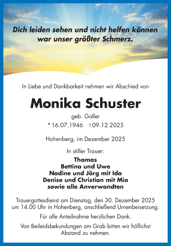 Traueranzeige von Monika Schuster von Frankenpost