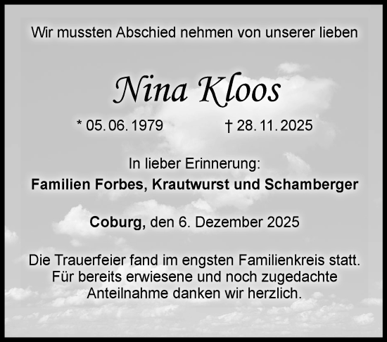 Traueranzeige von Nina Kloos von Neue Presse Coburg