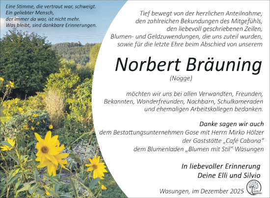 Traueranzeige von Norbert Bräuning von Südthüringer Presse