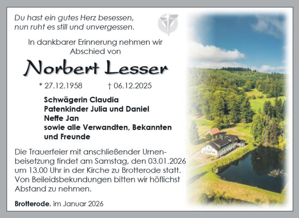  Traueranzeige für Norbert Lesser vom 20.12.2025 aus Südthüringer Presse