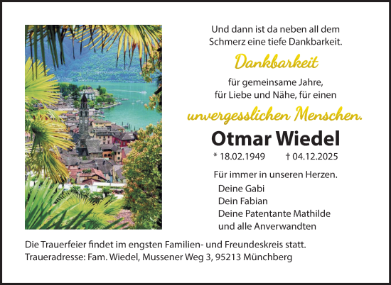 Traueranzeige von Otmar Wiedel von Frankenpost