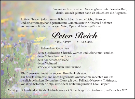 Traueranzeige von Peter Reich von Südthüringer Presse