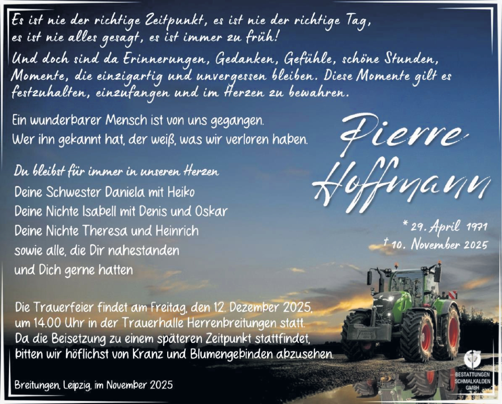  Traueranzeige für Pierre Hoffmann vom 06.12.2025 aus Südthüringer Presse