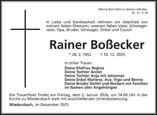Traueranzeige von Rainer Boßecker von Südthüringer Presse