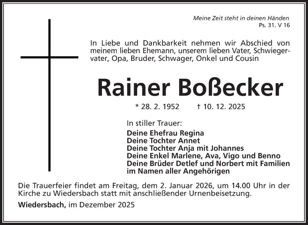  Traueranzeige für Rainer Boßecker vom 20.12.2025 aus Südthüringer Presse