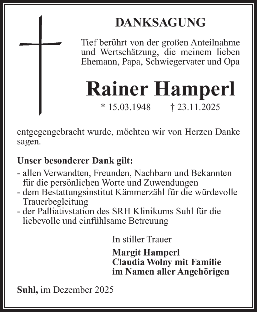  Traueranzeige für Rainer Hamperl vom 27.12.2025 aus Südthüringer Presse