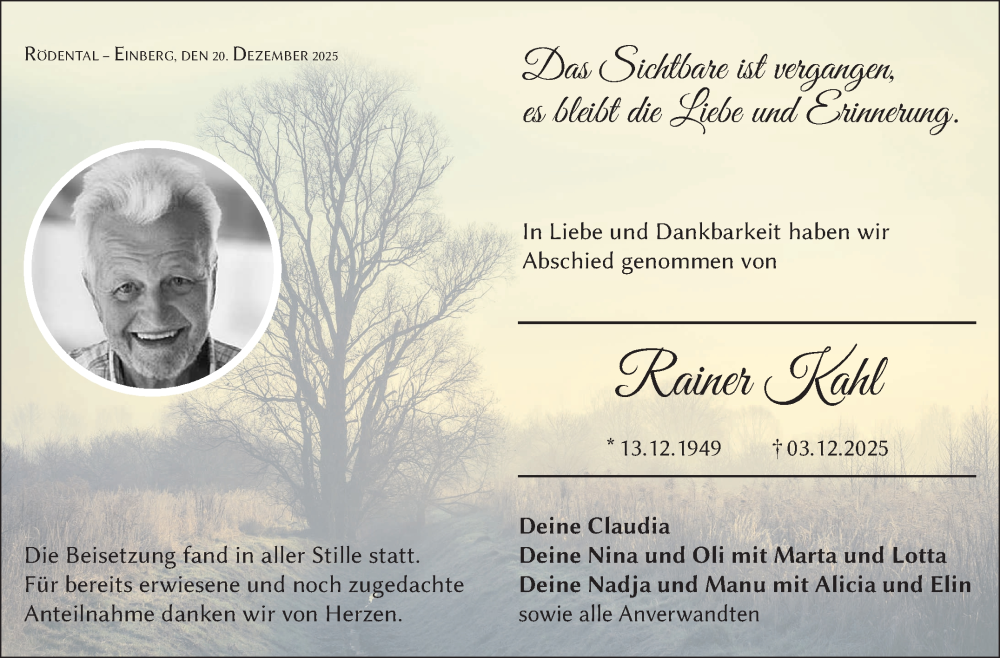  Traueranzeige für Rainer Kahl vom 20.12.2025 aus Neue Presse Coburg