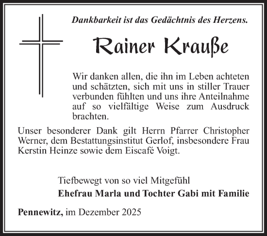Traueranzeige von Rainer Krauße von Südthüringer Presse