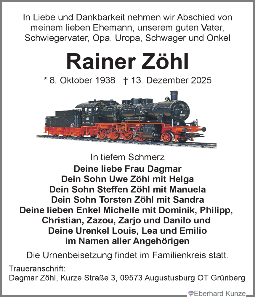  Traueranzeige für Rainer Zöhl vom 20.12.2025 aus Südthüringer Presse