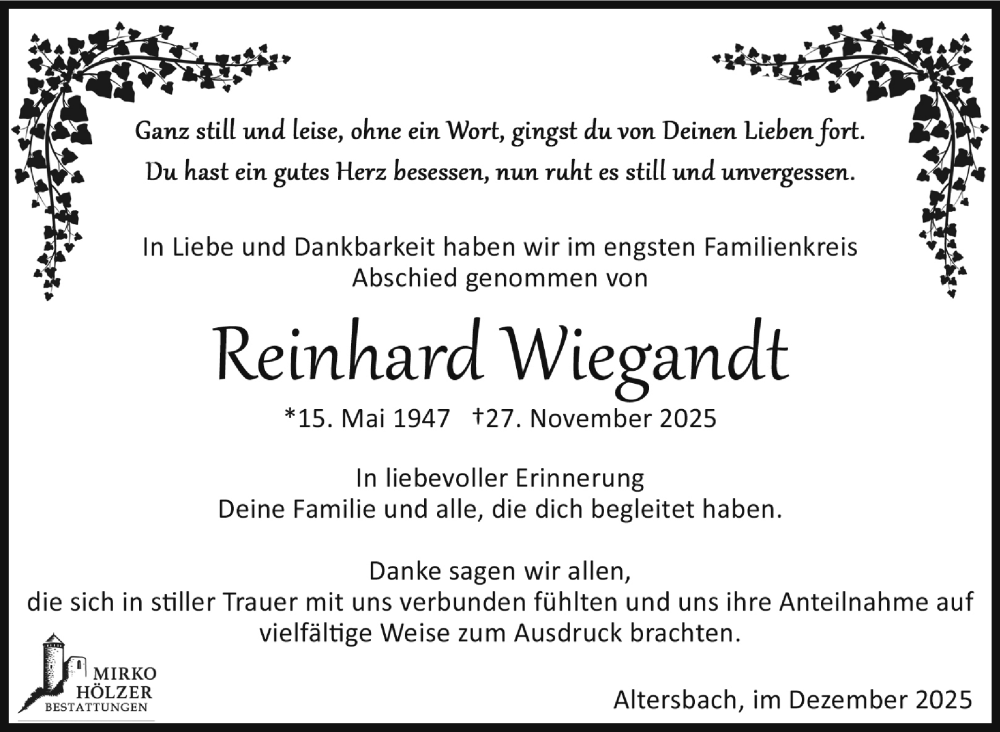  Traueranzeige für Reinhard Wiegandt vom 20.12.2025 aus Südthüringer Presse
