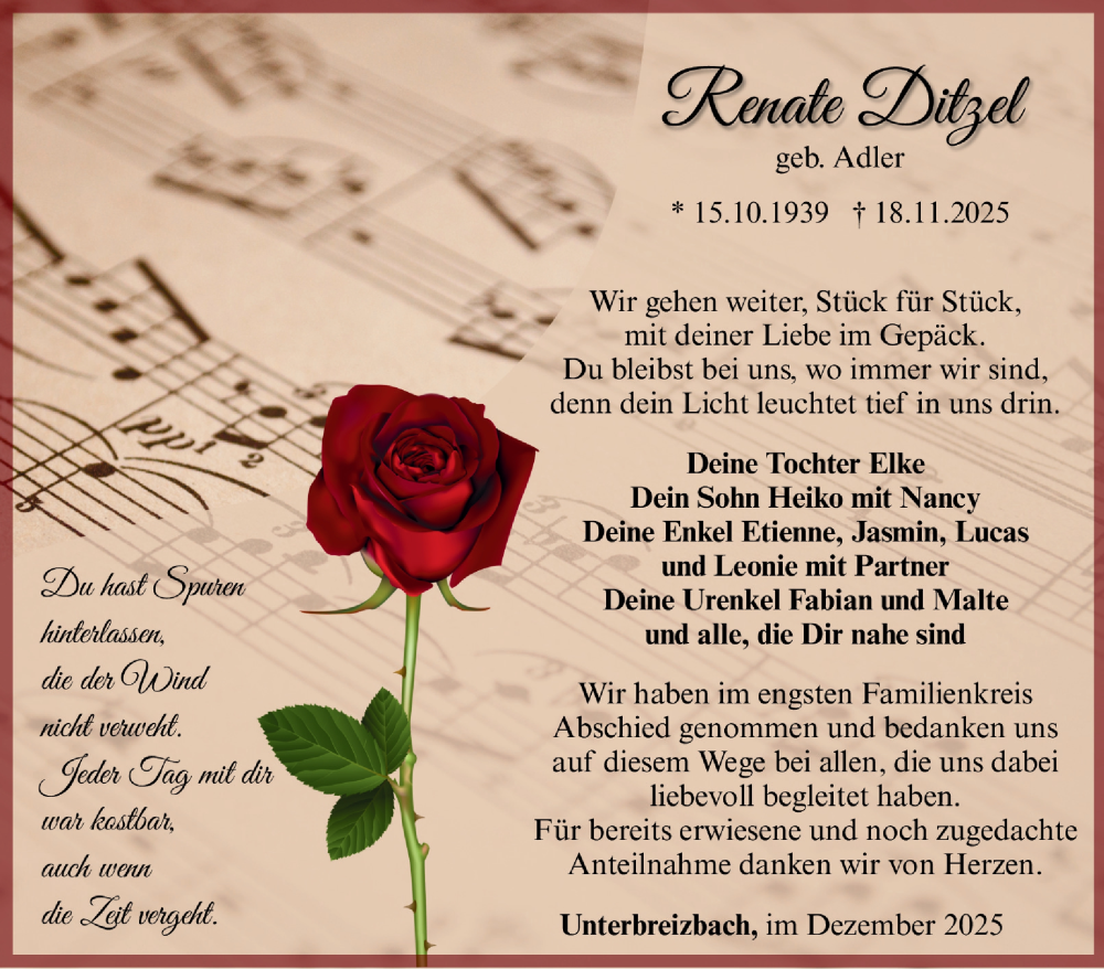  Traueranzeige für Renate Ditzel vom 13.12.2025 aus Südthüringer Presse