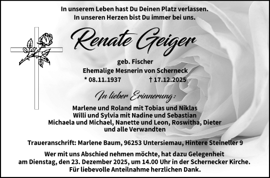 Traueranzeige von Renate Geiger von Neue Presse Coburg