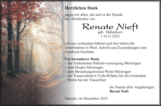 Traueranzeige von Renate Nieft von Südthüringer Presse