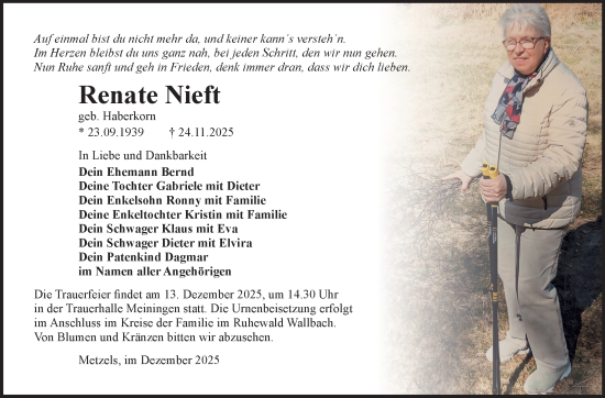 Traueranzeige von Renate Nieft von Südthüringer Presse