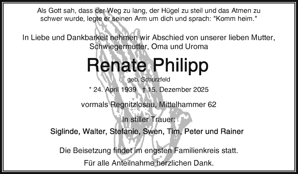  Traueranzeige für Renate Philipp vom 20.12.2025 aus Frankenpost