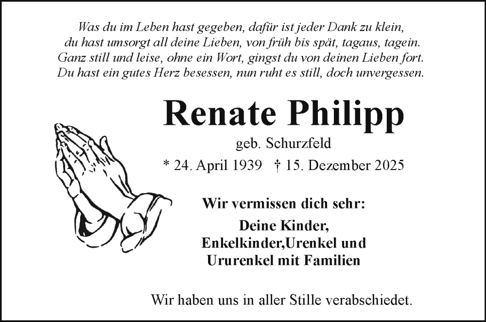  Traueranzeige für Renate Philipp vom 31.12.2025 aus Frankenpost