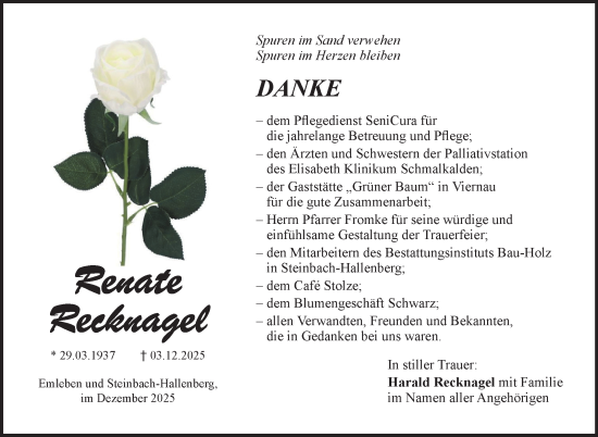 Traueranzeige von Renate Recknagel von Südthüringer Presse