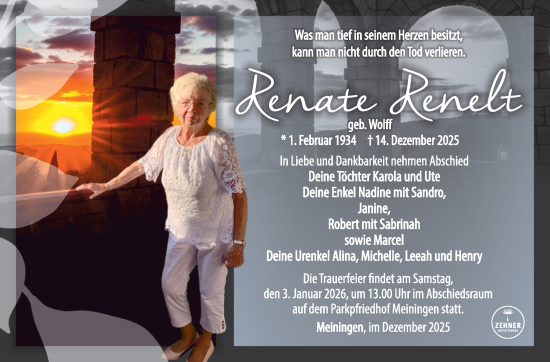 Traueranzeige von Renate Renelt von Südthüringer Presse