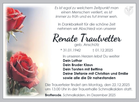 Traueranzeige von Renate Trautvetter von Südthüringer Presse